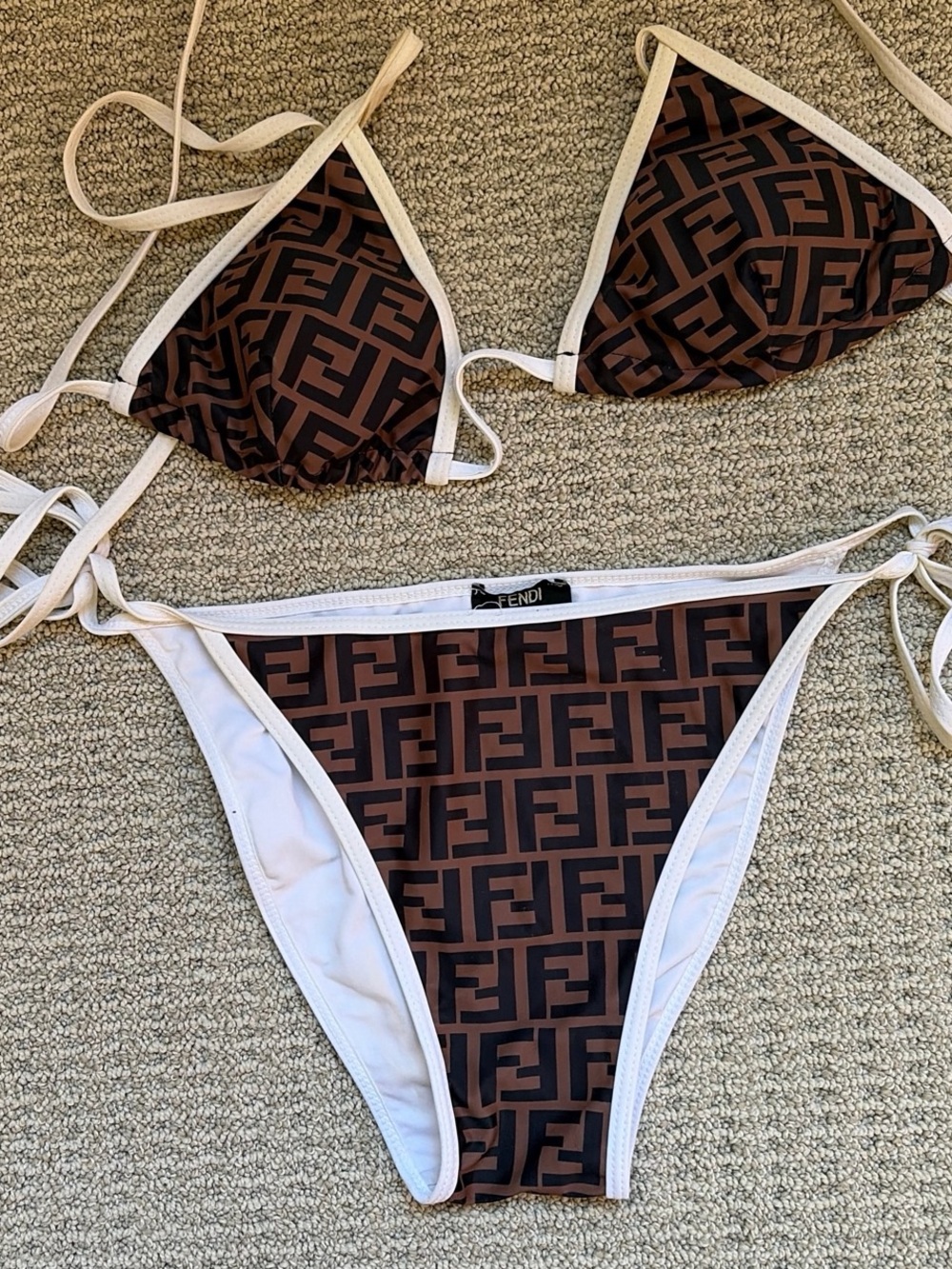 Fendi Brown & White FF Logo Triangle Bikini Set